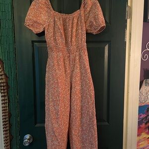 Peach Floral Off-Shoulder Jumpsuit with Wide-Leg Fit